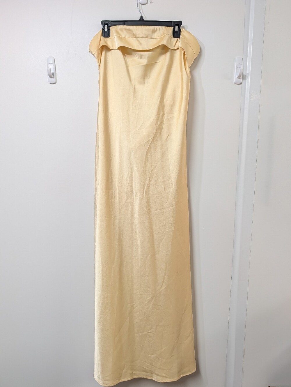 Beginning Boutique Maiah Butter Yellow Strapless Satin Maxi Dress